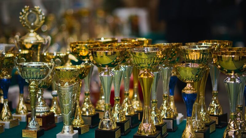 Voetbaltrofee in de schijnwerpers tijdens een prijsuitreiking