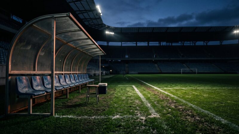 Een lege trainersbank langs een voetbalveld, sfeerbeeld bij de trainers van Ajax