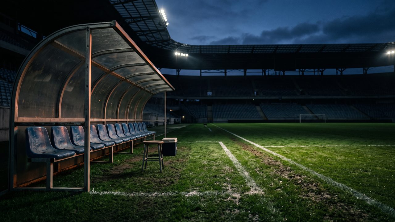 Een lege trainersbank langs een voetbalveld, sfeerbeeld bij de trainers van Ajax