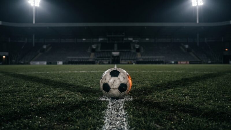 Een voetbal op de middenstip van een verlicht veld, sfeerbeeld bij de transfers van AZ