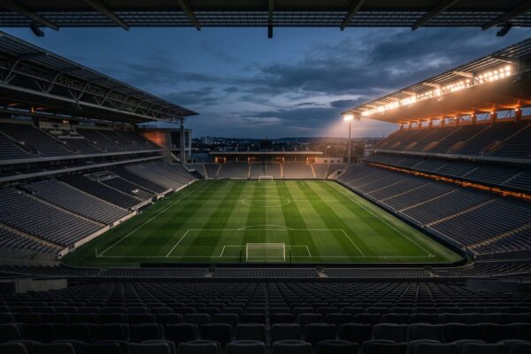 Leeg voetbalstadion bij avondlicht, symbool voor de recordverkopen van Ajax