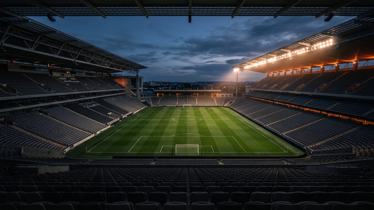 Leeg voetbalstadion bij avondlicht, symbool voor de recordverkopen van Ajax
