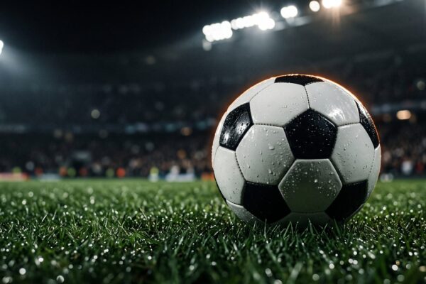 Een voetbal op nat gras onder floodlights bij avond, sfeerbeeld bij de duurste aankopen van FC Twente