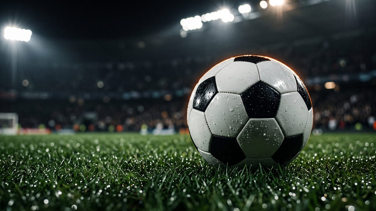 Een voetbal op nat gras onder floodlights bij avond, sfeerbeeld bij de duurste aankopen van FC Twente