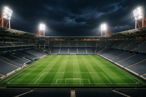 Een groot leeg voetbalstadion onder floodlights bij avond, sfeerbeeld bij de Twentse derby