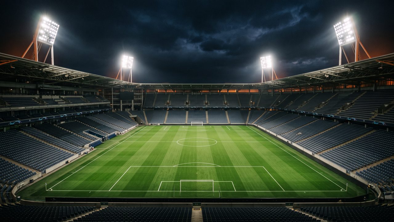 Een groot leeg voetbalstadion onder floodlights bij avond, sfeerbeeld bij de Twentse derby
