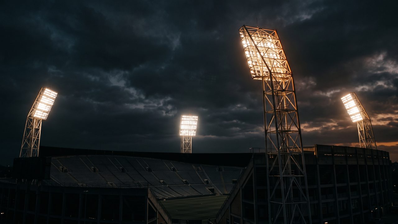 Verlichte lichtmasten van een groot voetbalstadion tegen een donkere avondlucht, sfeerbeeld bij het FC Twente programma