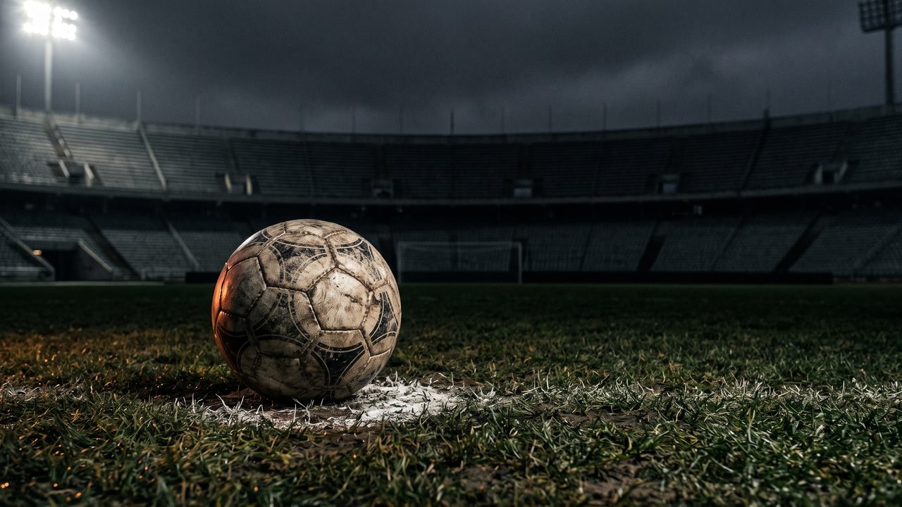 Een voetbal op de strafschopstip van een verlicht veld bij avond, sfeerbeeld bij de transfers van FC Twente