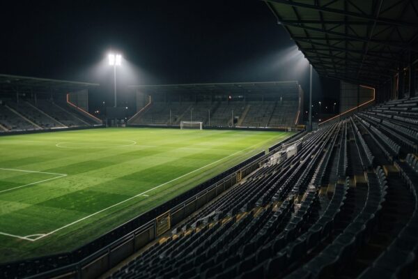 Een compact voetbalstadion onder felle floodlights bij avond, sfeerbeeld bij FC Utrecht-Ajax