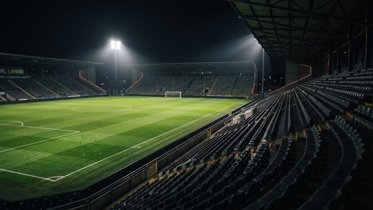 Een compact voetbalstadion onder felle floodlights bij avond, sfeerbeeld bij FC Utrecht-Ajax