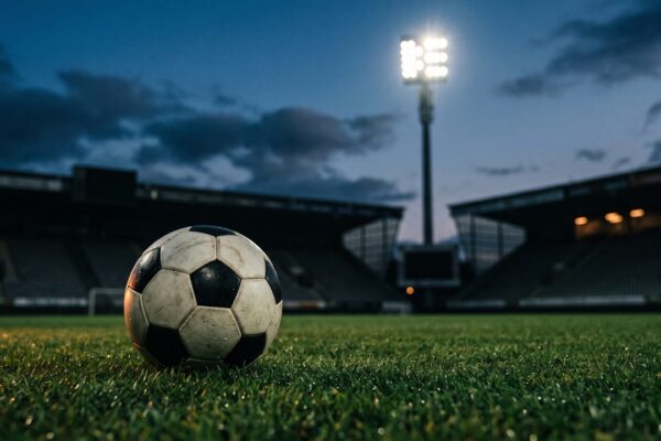 Een voetbal op het gras bij een verlichte lichtmast in het blauwe uur, sfeerbeeld bij de duurste aankopen van FC Utrecht