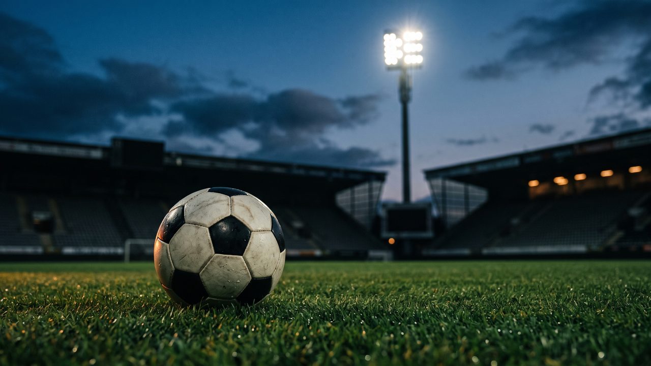 Een voetbal op het gras bij een verlichte lichtmast in het blauwe uur, sfeerbeeld bij de duurste aankopen van FC Utrecht