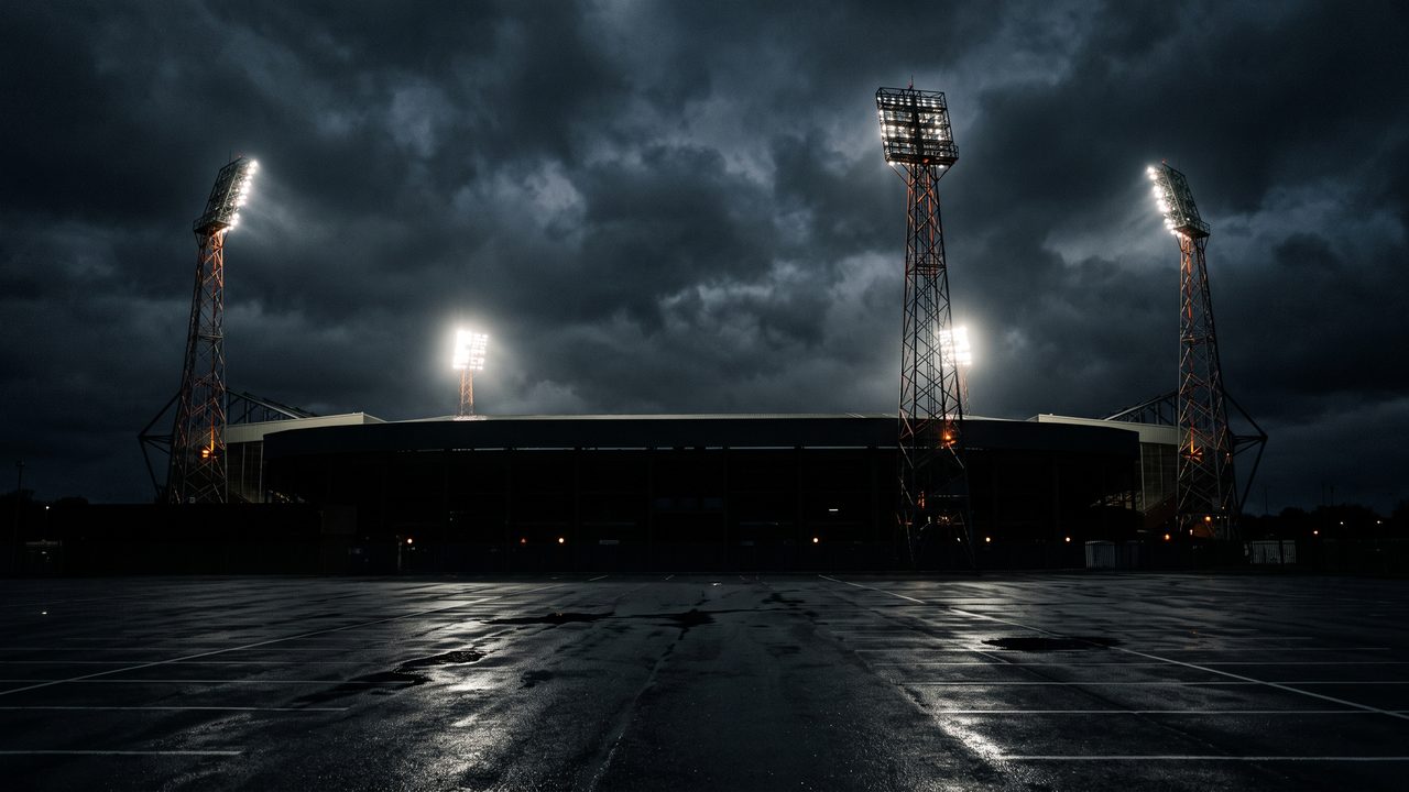 De verlichte lichtmasten van een voetbalstadion tegen een donkere avondlucht, sfeerbeeld bij het FC Utrecht programma