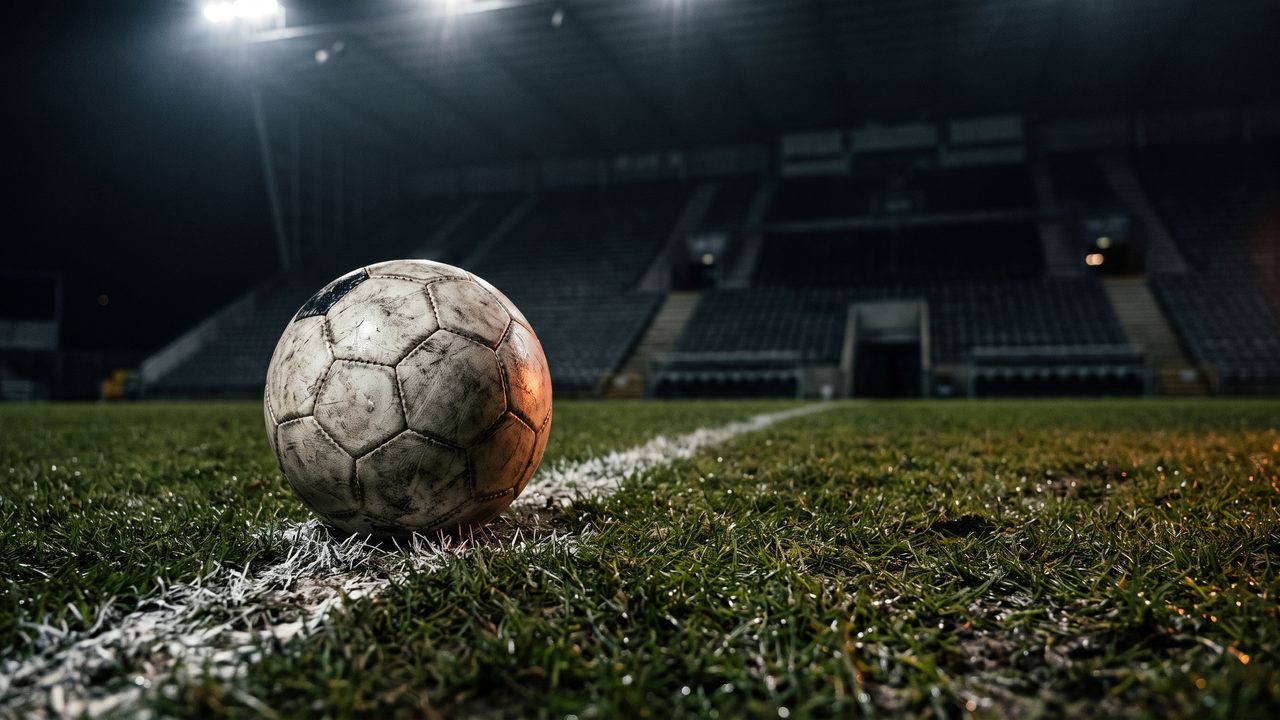 Een voetbal op de kalklijn van een verlicht veld bij avond, sfeerbeeld bij de transfers van FC Utrecht