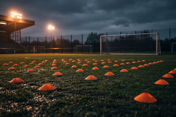 Een trainingsveld met oranje pionnen in een drilgrid bij avond, sfeerbeeld bij de trainers van Feyenoord