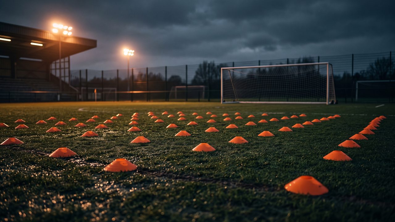 Een trainingsveld met oranje pionnen in een drilgrid bij avond, sfeerbeeld bij de trainers van Feyenoord