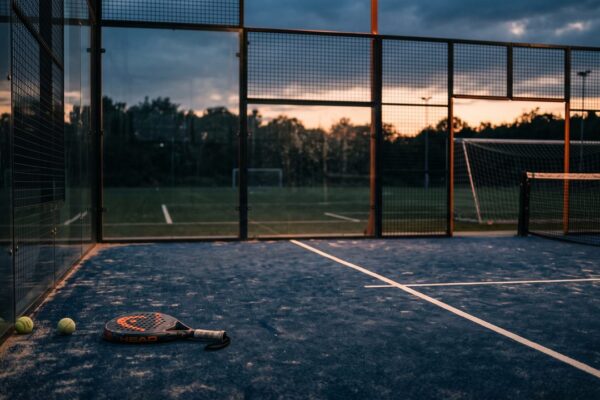 Een verlaten padelbaan met glazen achterwand en een racket, met op de achtergrond de belijning van een leeg voetbalveld in avondlicht