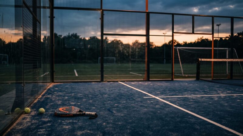 Een verlaten padelbaan met glazen achterwand en een racket, met op de achtergrond de belijning van een leeg voetbalveld in avondlicht