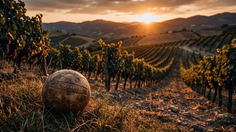 Zonovergoten wijngaard in Zuid-Italie met een gebruikte voetbal in het gras op de voorgrond tijdens het gouden uur.