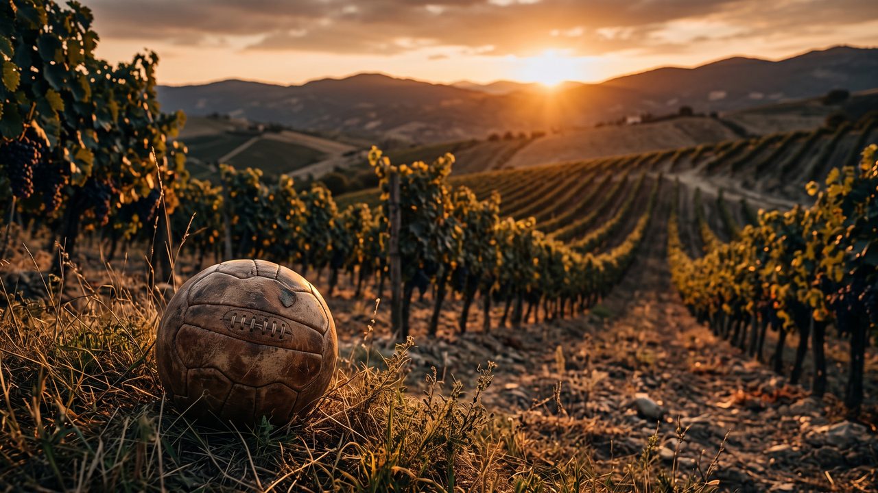 Zonovergoten wijngaard in Zuid-Italie met een gebruikte voetbal in het gras op de voorgrond tijdens het gouden uur.