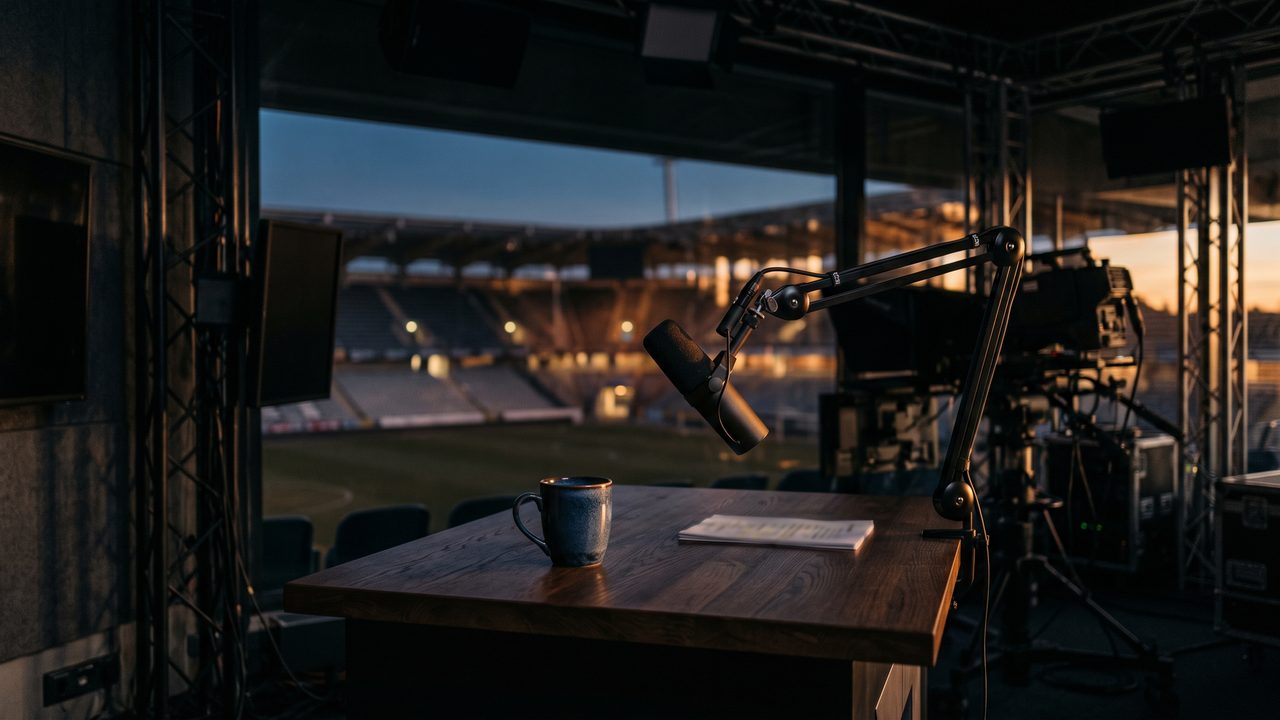 Verlaten televisiestudio met een leeg analistenbureau en op de achtergrond een leeg voetbalstadion in avondlicht
