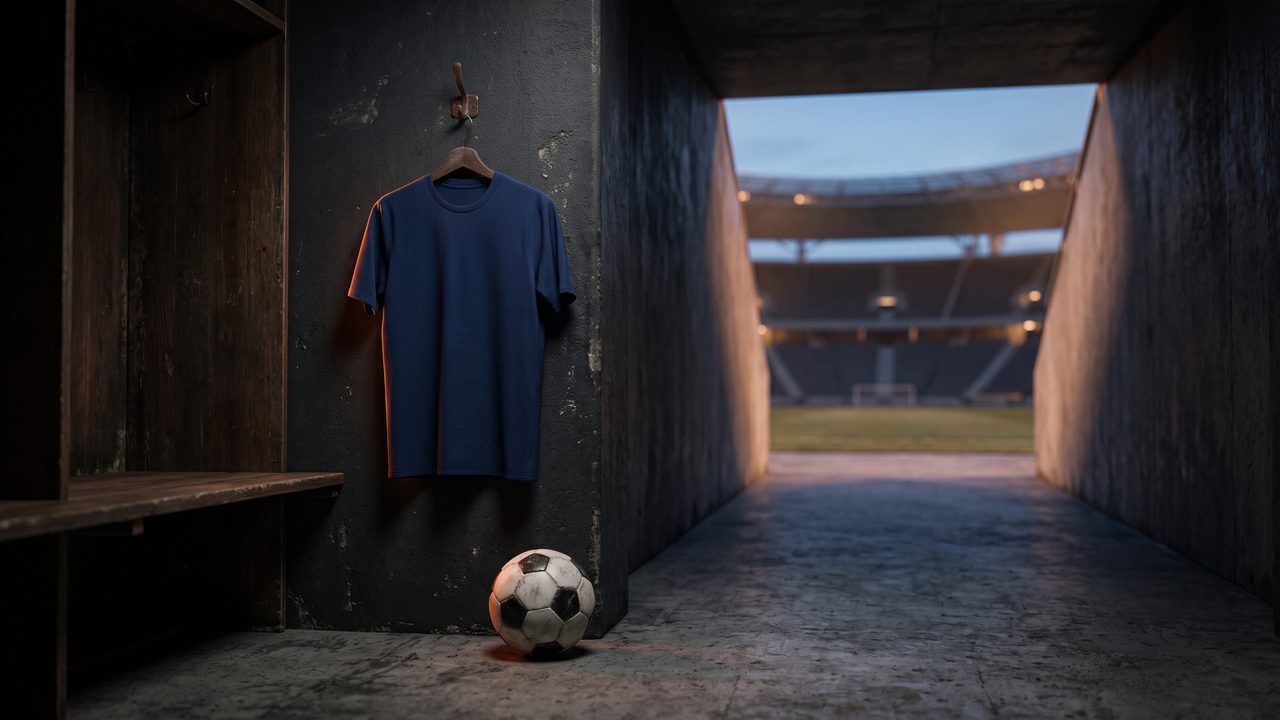 Verlaten spelerstunnel en lege kleedkamer met een neutraal voetbalshirt, symbool voor een clubloze voetballer