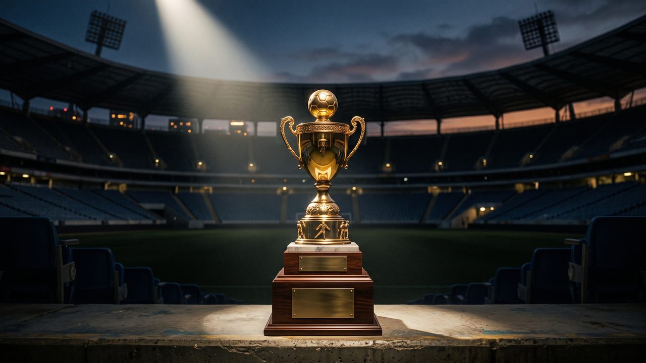 Gouden voetbaltrofee in een leeg stadion, sfeerbeeld bij de WK-titels ranglijst