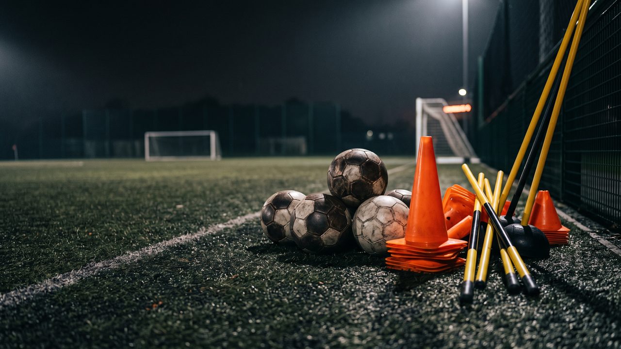 Voetballen, pionnen en slalomstokken langs de lijn van een verlicht trainingsveld, sfeerbeeld bij de trainers van PSV