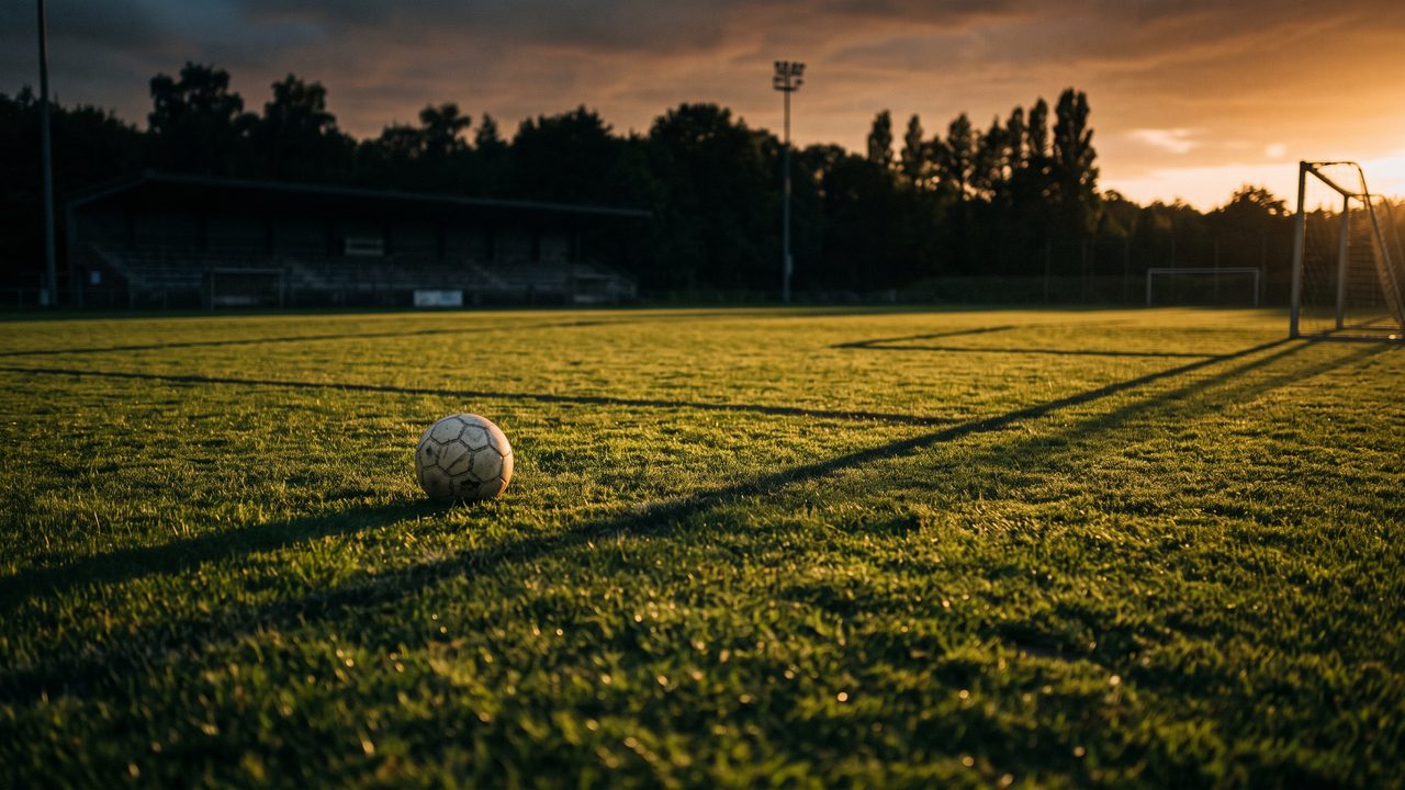 Verlaten trainingsveld bij avondlicht, symbool voor de doorbraak van een jong voetseltalent